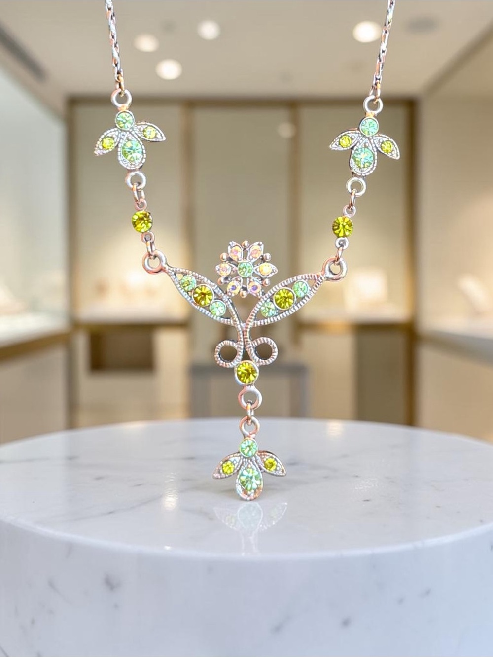Premier Designs Delicate Floral Drop Necklace in Lime Green Crystals & Silver
